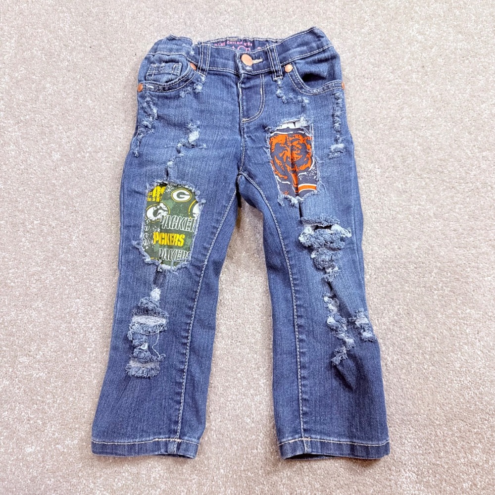 Upcycled 2T Jeans Custom Distressed NFL Packers Bears Patchwork Denim Game Day